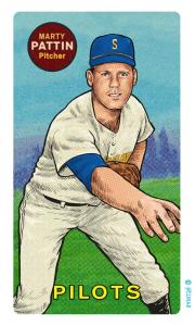 Picture, Helmar Brewing, This Great Game Rub-Off Decals 1960s Card # 72, Marty Pattin, arm forward, Seattle Pilots