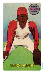 Picture, Helmar Brewing, This Great Game Rub-Off Decals 1960s Card # 82, Chico Salmon, hands on knees, Cleveland Indians