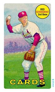 Picture, Helmar Brewing, This Great Game Rub-Off Decals 1960s Card # 84, Red SCHOENDIST (HOF), full body, throwing, St. Louis Cardinals