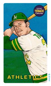 Picture, Helmar Brewing, This Great Game Rub-Off Decals 1960s Card # 91, Gene Tenace, batting toward viewer, Oakland Athletics