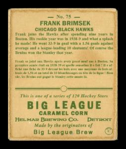 Picture, Helmar Brewing, Helmar R319 Hockey Card # 75, Frank BRIMSEK, In front of goal, Chicago Black Hawks