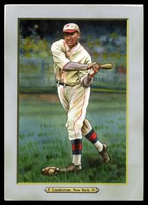 Picture, Helmar Brewing, T3-Helmar Card # 205, Fred LINDSTROM (HOF), End of batting swing posed. Mitt at feet., New York Giants