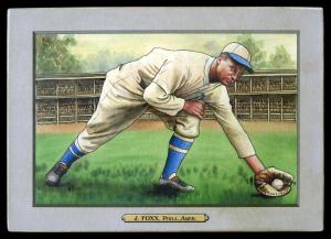 Picture, Helmar Brewing, T3-Helmar Card # 218, Jimmie FOXX, Horizontal, reaching for throw, Philadelphia Athletics
