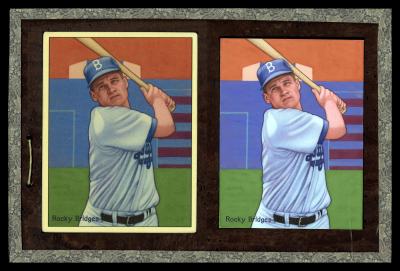 Picture, Helmar Brewing, Helmar This Great Game Card # 124, Rocky Bridges, blue buildings, Brooklyn Dodgers
