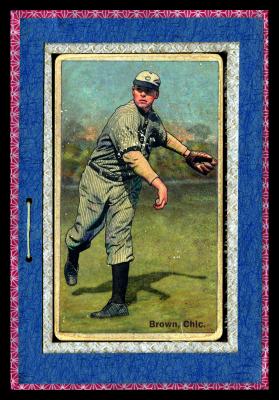 Picture, Helmar Brewing, Helmar Polar Night Card # 100, Mordecai BROWN (HOF), Stripes, throwing, soft background, Chicago Cubs