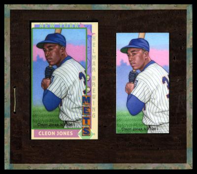Picture, Helmar Brewing, This Great Game 1960s Card # 213, Cleon Jones, belt up, posed batting, pink in sky, New York Mets