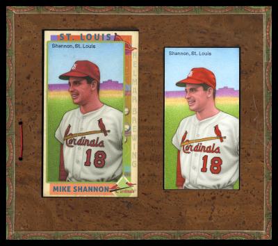 Picture, Helmar Brewing, This Great Game 1960s Card # 74, Mike Shannon, Belt up, purple building , St. Louis Cardinals