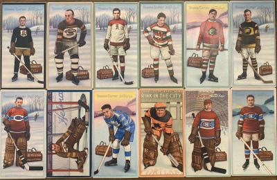 Picture, Helmar Brewing, Hockey Icers Card # 20, Tiny THOMPSON, Brown uniform, net behind, Boston Bruins